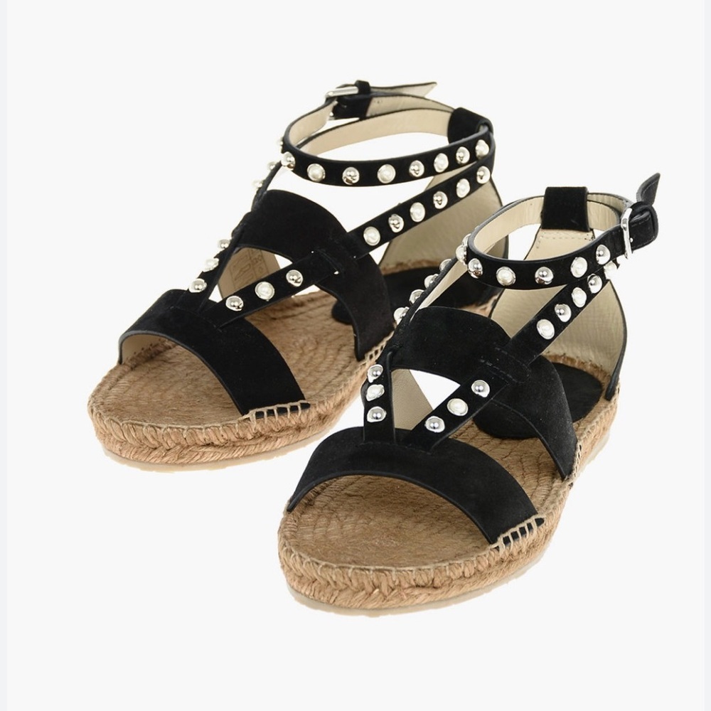 NIB Jimmy Choo Denise Black Suede w/ Pearls Espadrille Sandals Size 8.5 $650